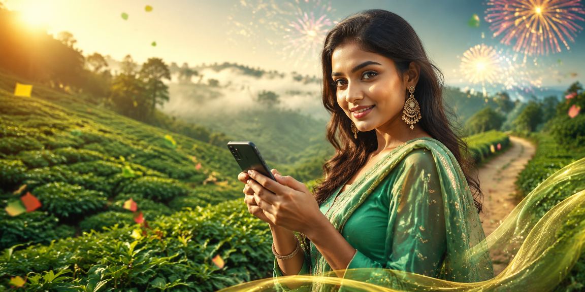সিলেটের চা বাগানের পটভূমিতে মোবাইলে লাইভ বেটিং উপভোগ করছেন একজন ব্যবহারকারী